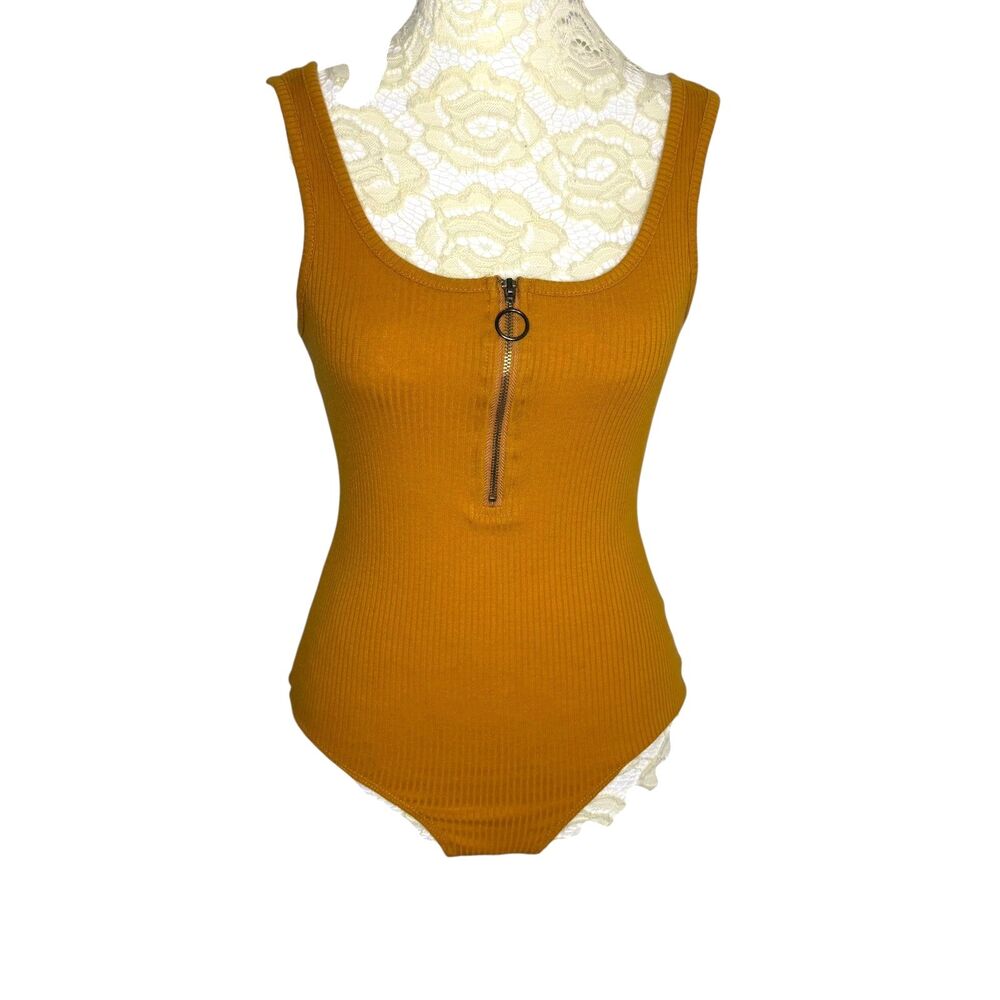 Wishful Park Bodysuit Blouse Tank Top Shirt 1/2 Zip Rib Knit Gold S
